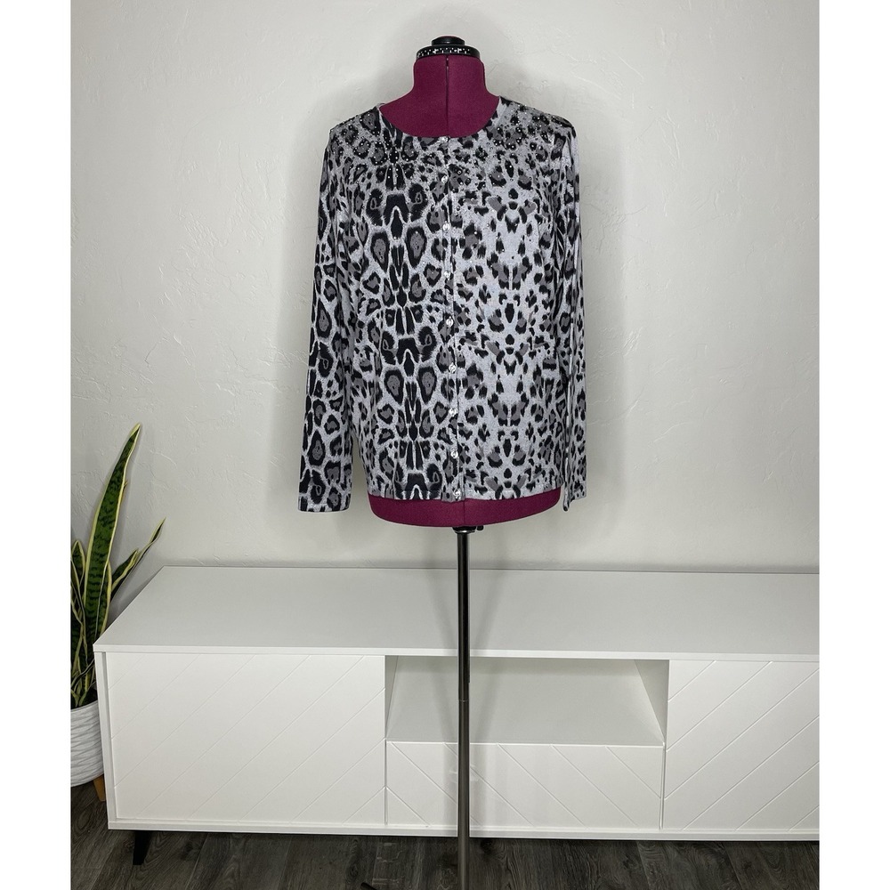 Quacker Factory Cardigan Sweater Women's L Gray‎ Animal Print Rhinestone